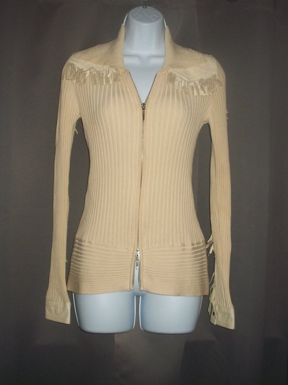 womens western fringe sweater. Boston Proper. double zipper. ribbed knit.size sm
